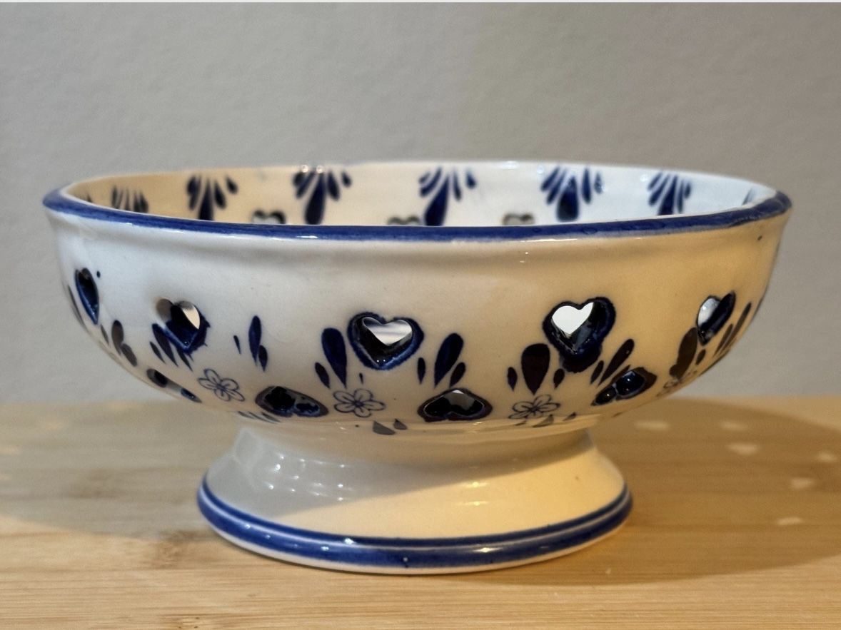 Vintage Art Pottery Small Basket/Bowl Handpainted Blue and White Windmill - 5”