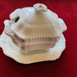 Vintage Rare COPELAND SPODE Rope-Edged Footed Sauce Tureen, Lid, Underplate