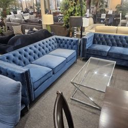 Brand New Blue Velvet Glam Sofa + Loveseat 2PCs Set