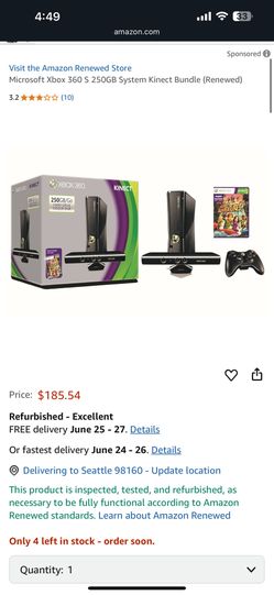 Xbox 360 250 Gb With Kennect, Controller, And 2 Games 