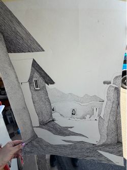 Original Von Lehn Signed Pen & Ink Southwestern Adobe Village Landscape Drawing