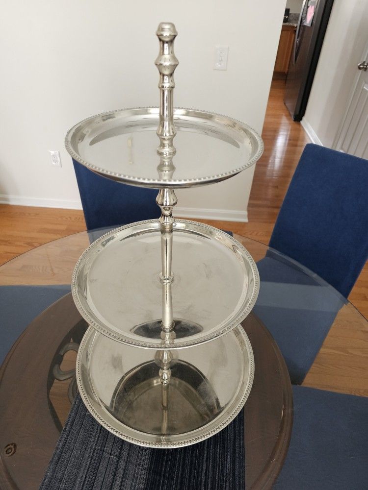 $35.00 - 27" 3-Tier Hostess Serving Or Display Stand, Black Velvet Bottom Finish!  Very Elegant/Stackable For Easy Storage/"Like New Condition"!