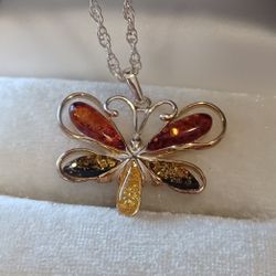 Sterling Silver Baltic Amber Butterfly Necklace 