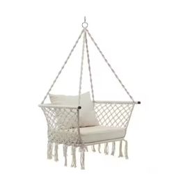 32 in. L Outdoor Porch Patio Hanging Rope Chair Swing Hammock Seat with Beige Cushion 93915