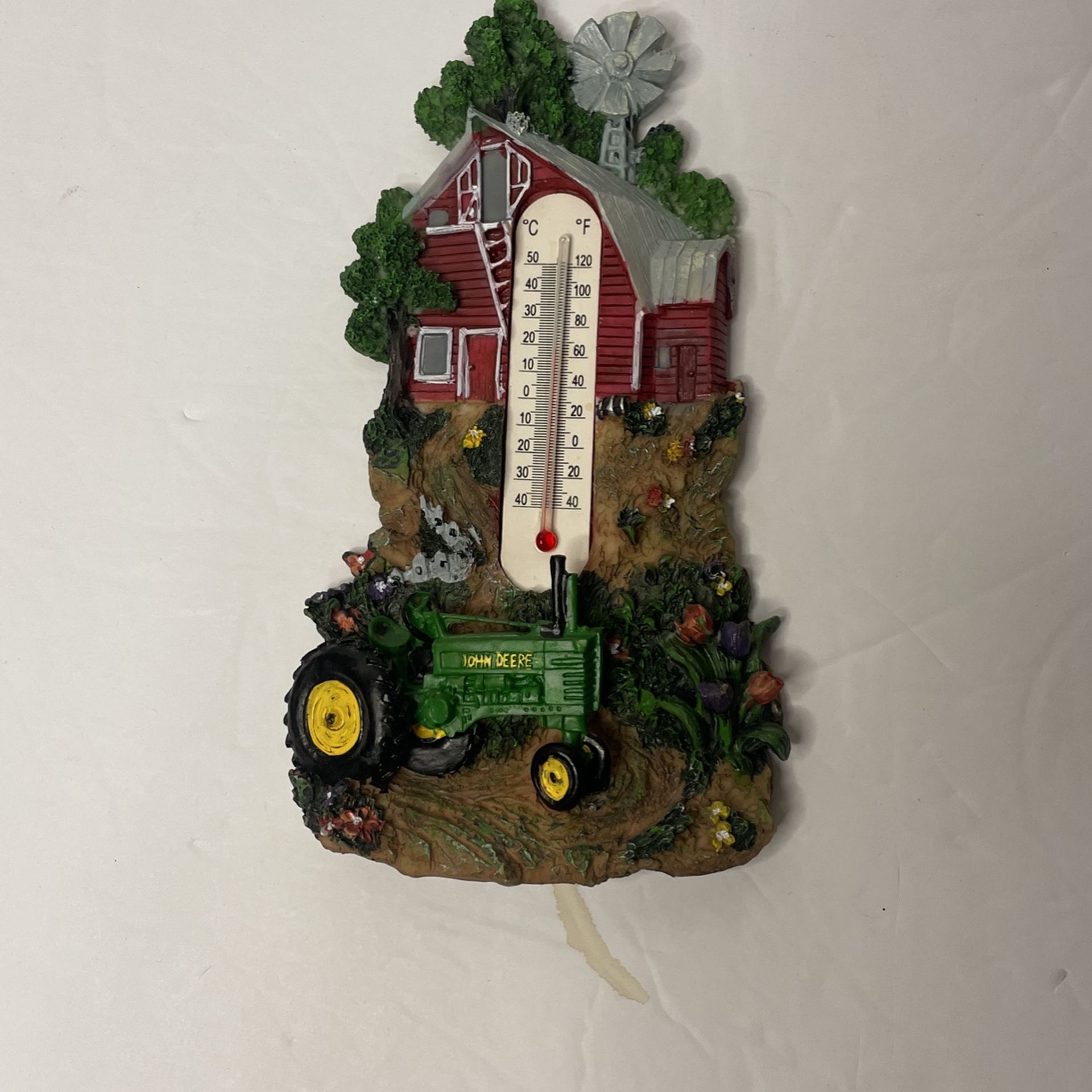 John Deere Farm Scene Thermometer Tractor Barn Painted 7in Wall Decor Red Green