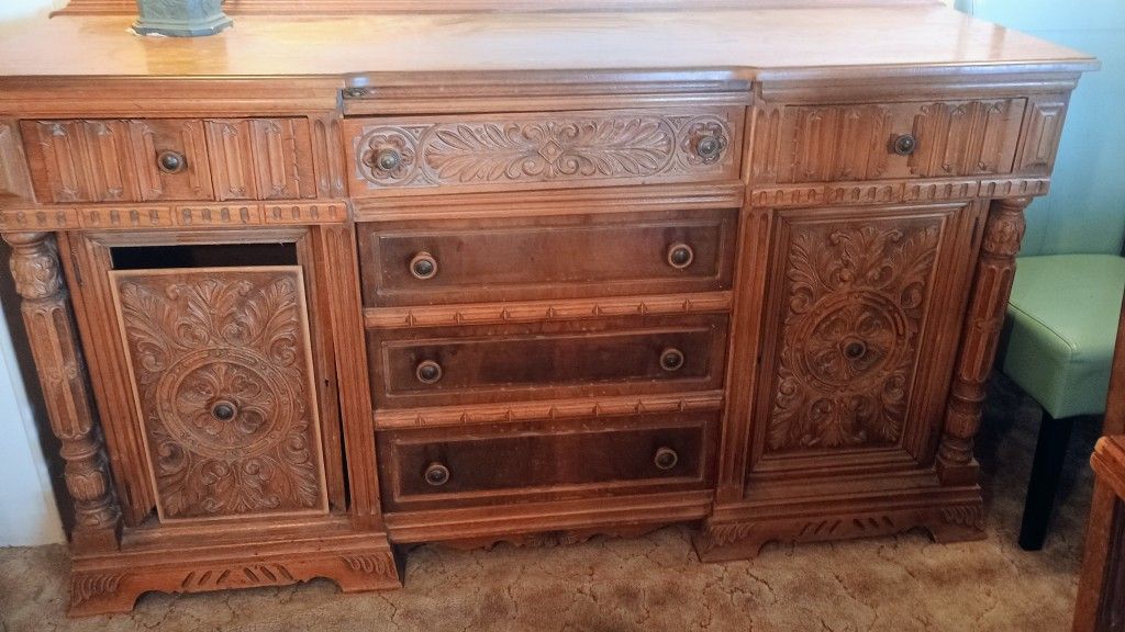 9 Piece Antique Dining Table, Buffett And Chest Solid Carved Oak