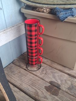 Buffalo Plaid Stacking Mugs with Metal Rack