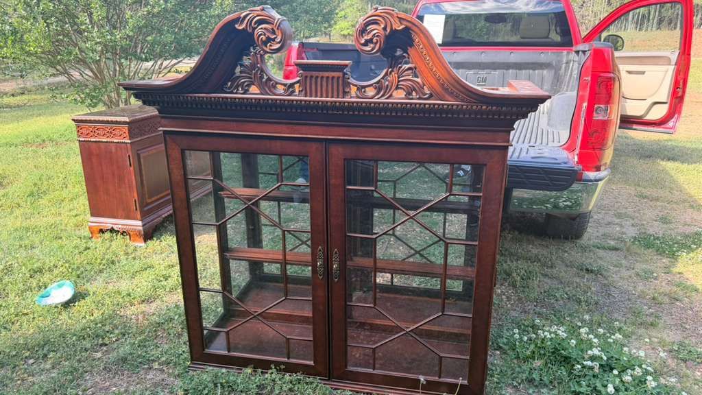 Elegant English Manor Curio Buffet Cabinet - Ornate Carving & Glass