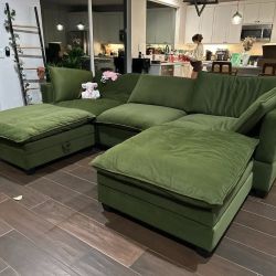 OLIVE VELVET Kova Cloud Sectional Sofa Double Ottoman with Storage (COMES NEW IN BOX)