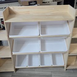 New Kids Toy Organizer With Bookshelf 4-Tier 8 Removable Storage Bins Solid Wood Toy Storage 
