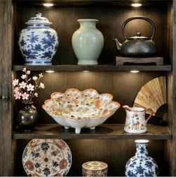 Vintage Japanese Kutani/Satsuma Style Display Pair Scalloped Footed Bowl Geisha