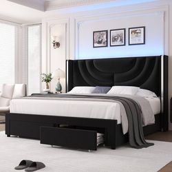 King Upholstered LED Bed Frame with 2 Storage Drawers, Velvet Platform Bed with Wingback Headboard, Solid Wooden Slats Support, No Box Spring Needed, 