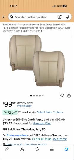 Tan Driver & Passenger Bottom Seat Cover Breathable PERF Leather Replacement for Ford Expedition 2007 2008 2009 2010 2011 2012 2013 2014