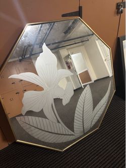 Vintage 1980s Gloria Eriksen frosted orchid octagonal wall mirror published by Windsor Art Products