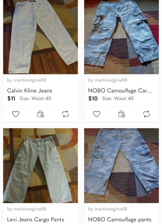 Mens Size 40x30, through 40x32, Shorts, Trouser, Jeans and Cargo Pants.