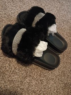 Black Faux Fur Rhinestone Slide Sandals