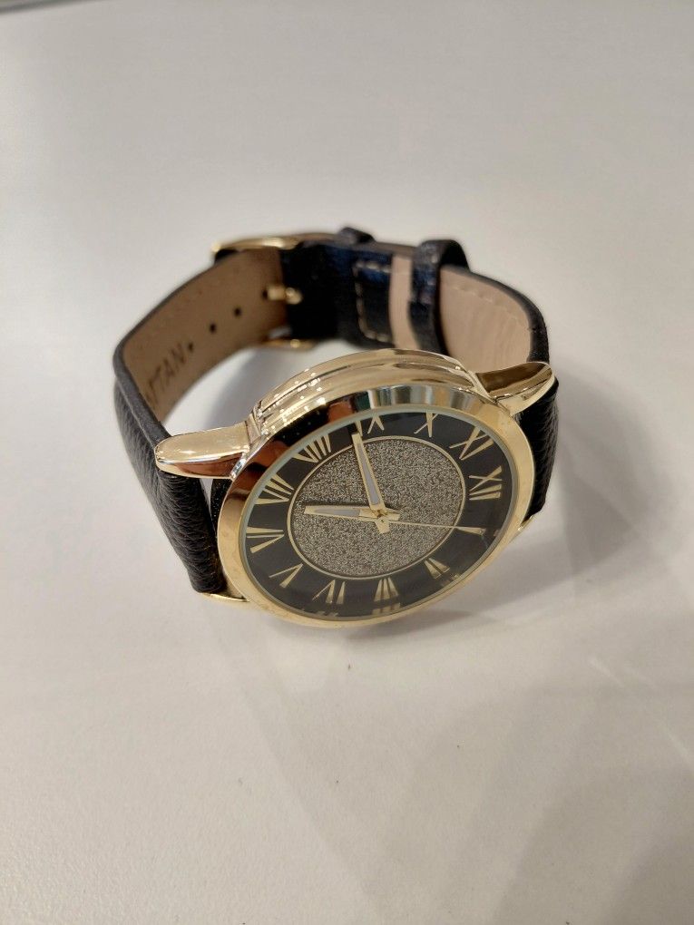 Leather Band Black & Gold Women's Watch