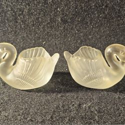 Vintage Frosted Glass Swan Candle Holders - Lot of 2