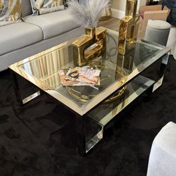 Duplicity Rectangular Gold Stainless Steel Coffee Table With Glass Top (50")