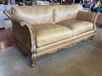 French Country Leather Carved Wood Sofa