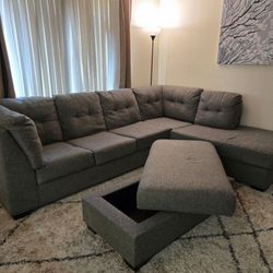 *Free Delivery* Gray Living Spaces Sectional Couch Sofa w/ Storage Ottoman