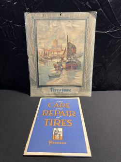 1920S Era Firestone Tire Memorabilia… tire Repair Booklet & Cardboard, Advertising Sign
