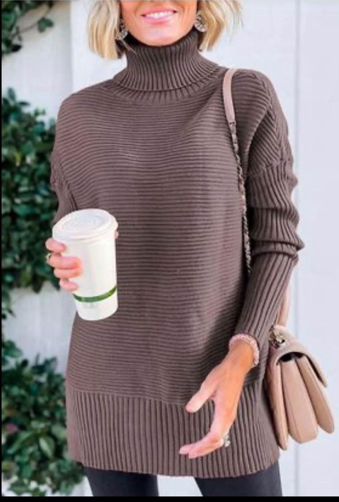 Brandnew Womens Turtleneck Oversized Tunic Fall Sweaters Long Batwing Sleeve SpiltHem Pullover-Small