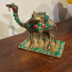  Vintage Brass Camel Figurine with Green and Red Stones – Handmade Indian Decor