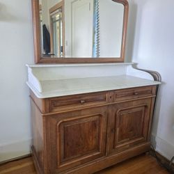 1890 Antique Washstand With Marble Top And Beveled Mirror