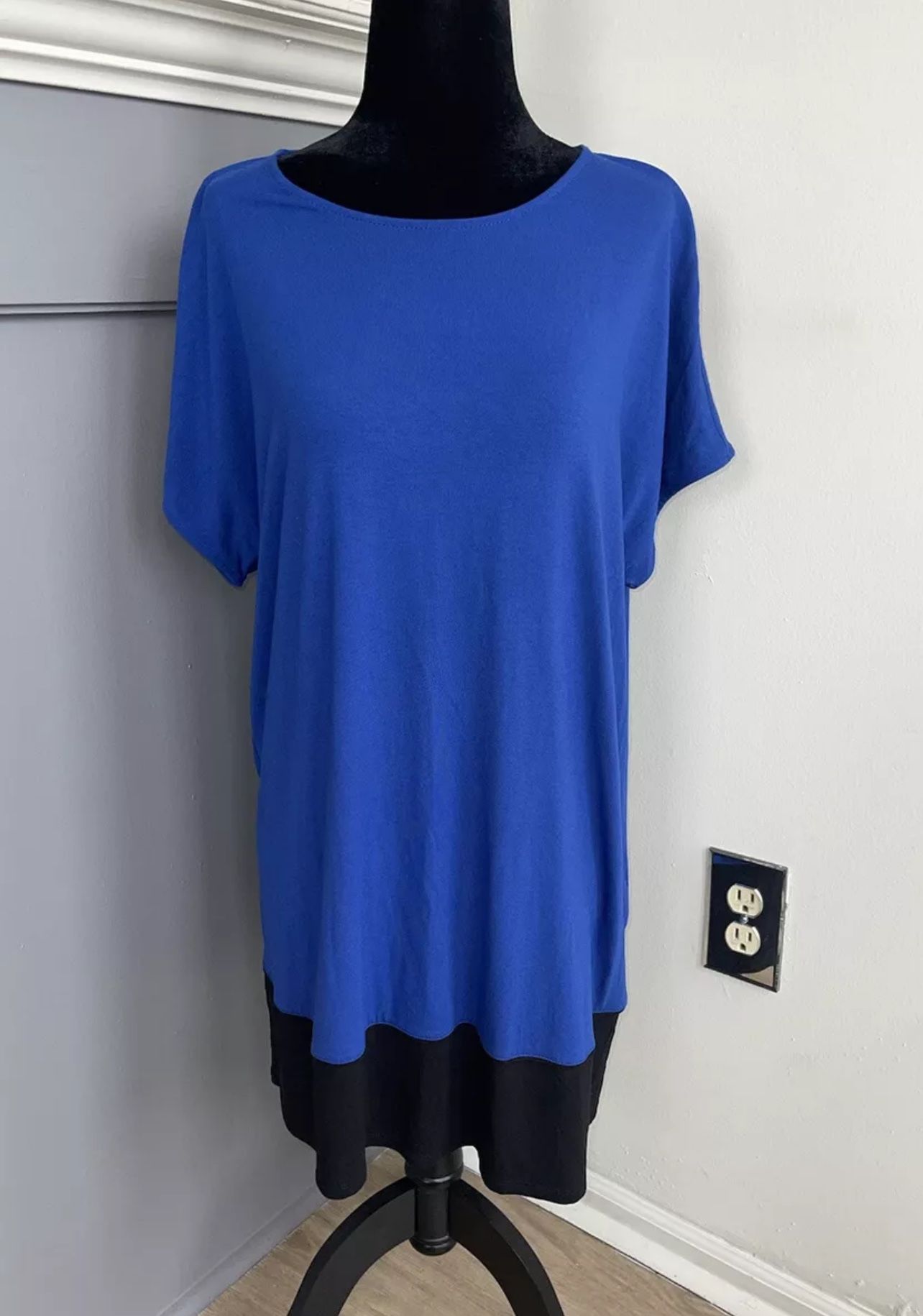 J. Jill Wearever Collection Women’s Large Tunic Dress Blue Black Stretchy Short Sleeve
