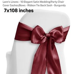 10 Pack Burgundy Satin Table Runner Chair Sash Bow 7x108 Inches Long