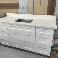Bathroom Vanity Cabinet 60” Solid Birch Quartz Top With Sink And Backsplash
