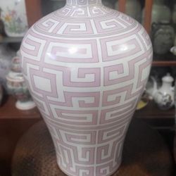22"  Large Ethan Allen White/Pink With Gold Painted Outline Athena Jar