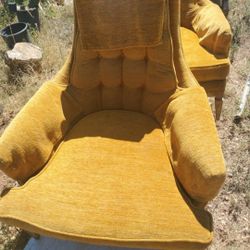 Vintage Gold High Back Tufted Lounge Chairs Pair