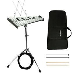 32 Notes Glockenspiel Kit Xylophone Bell Percussion Instruments with Adjustable Height Stand, Practice Pad Mallets & Wooden Drumsticks, Portable Carry