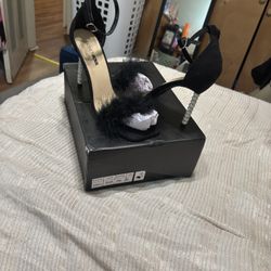 Chic Black Feathered Heels with Rhinestones 