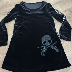 VTG retro black velvet mini dress S/M  features long sleeves with white athletic-style stripes and a large rhinestone skull and crossbones with pocket