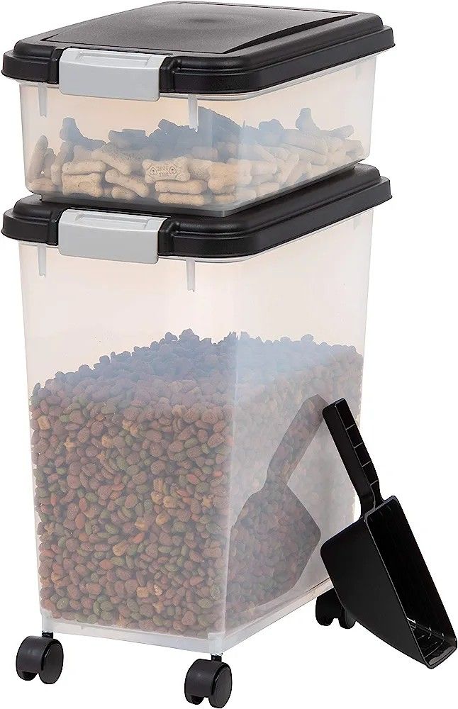 IRIS USA 3-Piece 35 Lbs / 45 Qt WeatherPro Airtight Pet Food Storage Container Combo with Scoop and Treat Box for Dog Cat and Bird Food, Keep Pests Ou