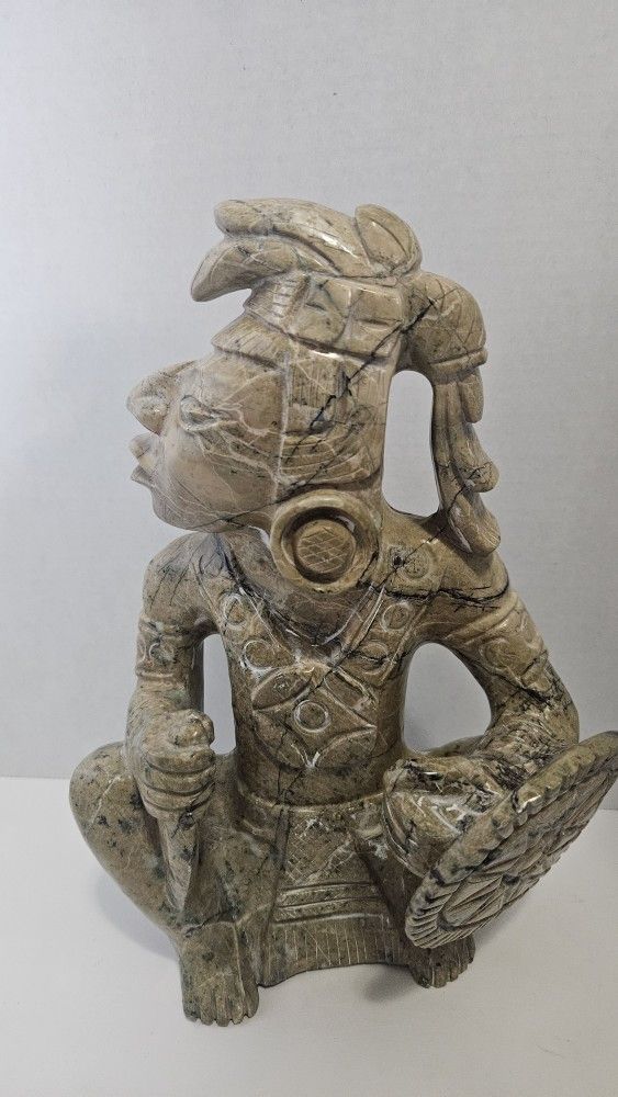 12” Hand-Carved Stone Mayan Warrior Statue