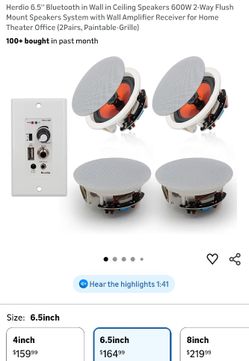 Herdio 6.5'' Bluetooth in Wall in Ceiling Speakers 600W 2-Way Flush Mount Speakers System with Wall Amplifier Receiver for Home Theater Office (2Pairs