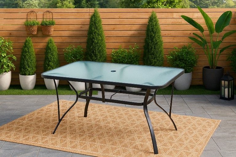 Patio Dining Table for 6, 55 Inches Rectangle Table with 1.5” Umbrella Hole, Tempered Glass Tabletop, Solid Steel Frame, Suitable for Backyard, Poolsi