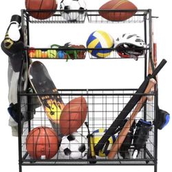 Garage Sports Equipment Organizer, Ball Storage Rack, Garage Ball Storage, Sports Gear Storage, Garage Organizer with Baskets and Hooks, Rolling Sport