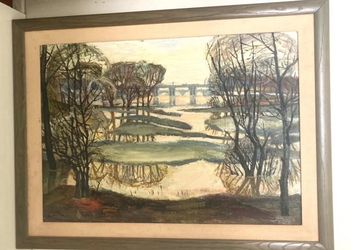 Vintage Signed Aruiyk Russian Trees Landscape Painting  On Frame 19" x 27"