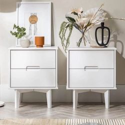 New Set of Solid Wood White Nightstands Mid Century Modern Style(New In A Box)