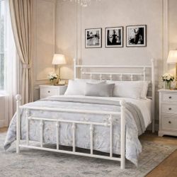 Queen  bed Metal Platform Bed Frame with Victorian Style Wrought Iron-Art Headboard/Footboard, No Box Spring Required, White 