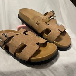 Madden Girl Slide Sandals Tan Size 6.5 Double Strap Slip On Cute