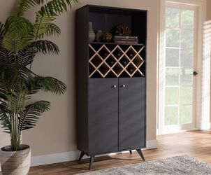 Tall Wood Wine Cabinet with Close and Open Storage Shelves, Dark Oak