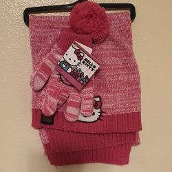 Hello Kitty Girls Beanie,Gloves and Scarf Cold Weather Set By Sanrio