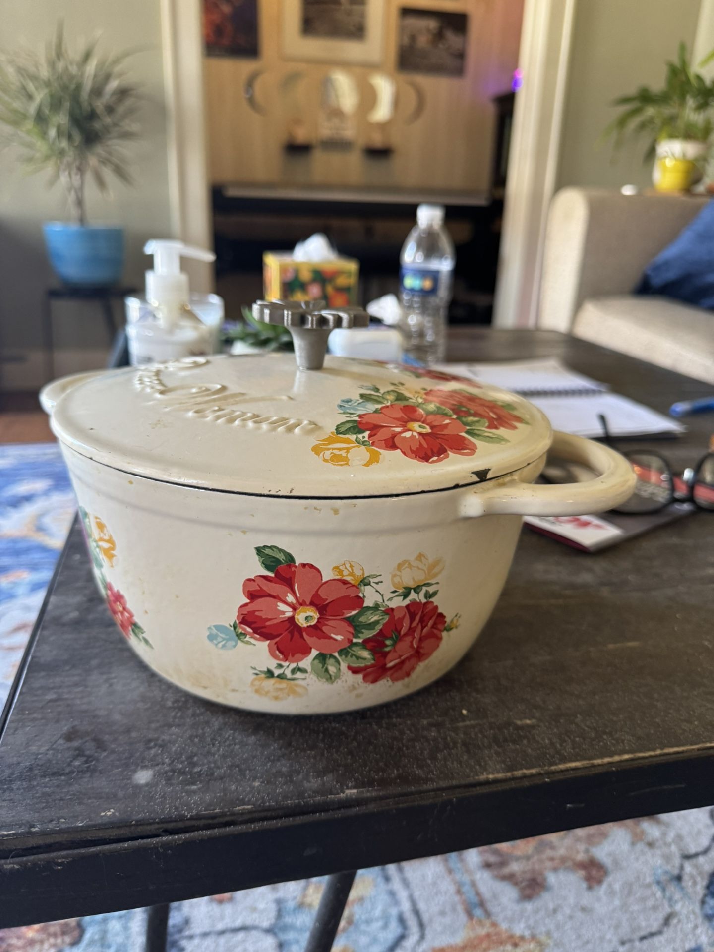 Pioneer Woman Enamel Cast Iron Pot With Retro Flower Pattern