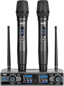 Dual Handheld Wireless Microphone System 262Feet 90 Preset UHF Frequencies, Bodypack, Head-Worn & Lavalier Mics for Live Performance, Karaoke,  (105)